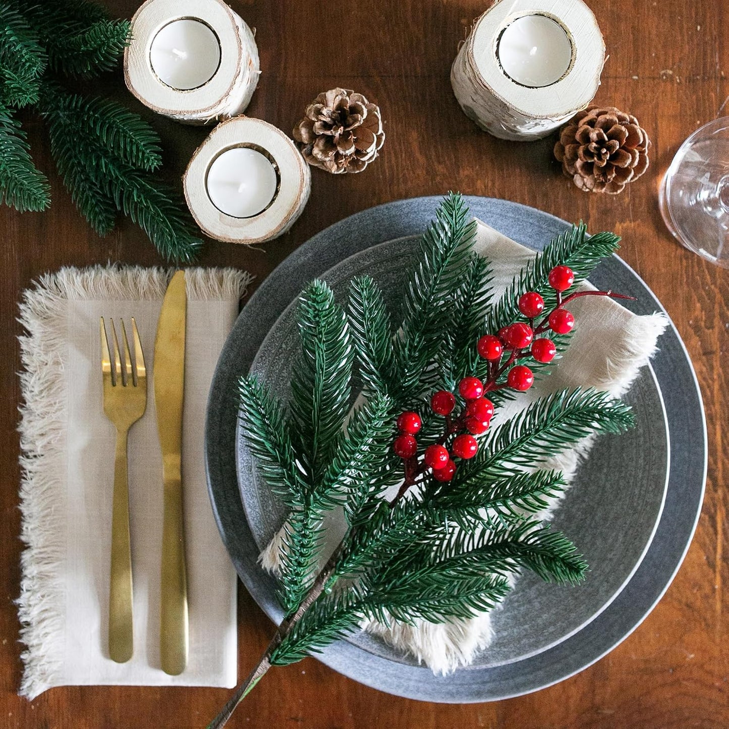 15 pcs Artificial Pine Branches Red Berries Christmas