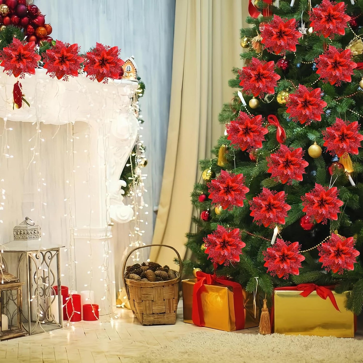 20 pcs 5.5 inch Red Glitter Poinsettia Flowers