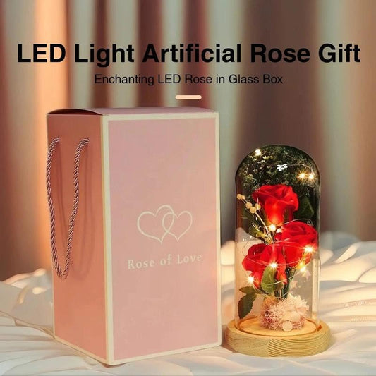 Led Artificial Rose Bouquet Glass Box Eternal Flower