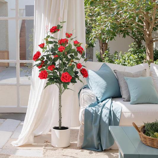 Artificial Rose Tree Silk Floral Decor Potted Trees