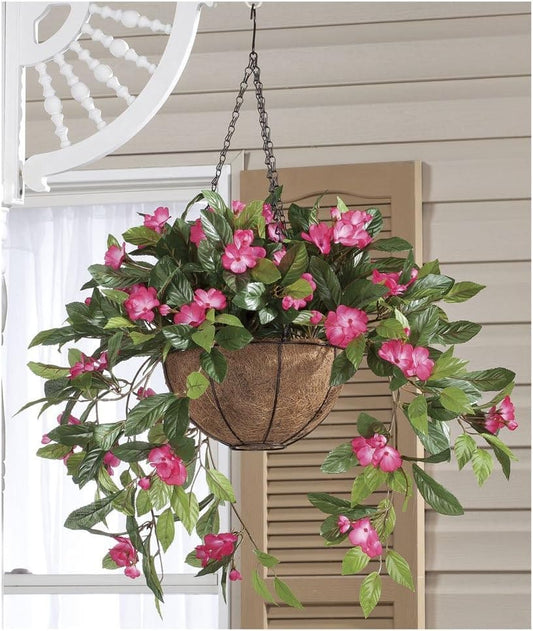 Artificial Impatiens Hanging Basket Hook Flower Decor Outdoor