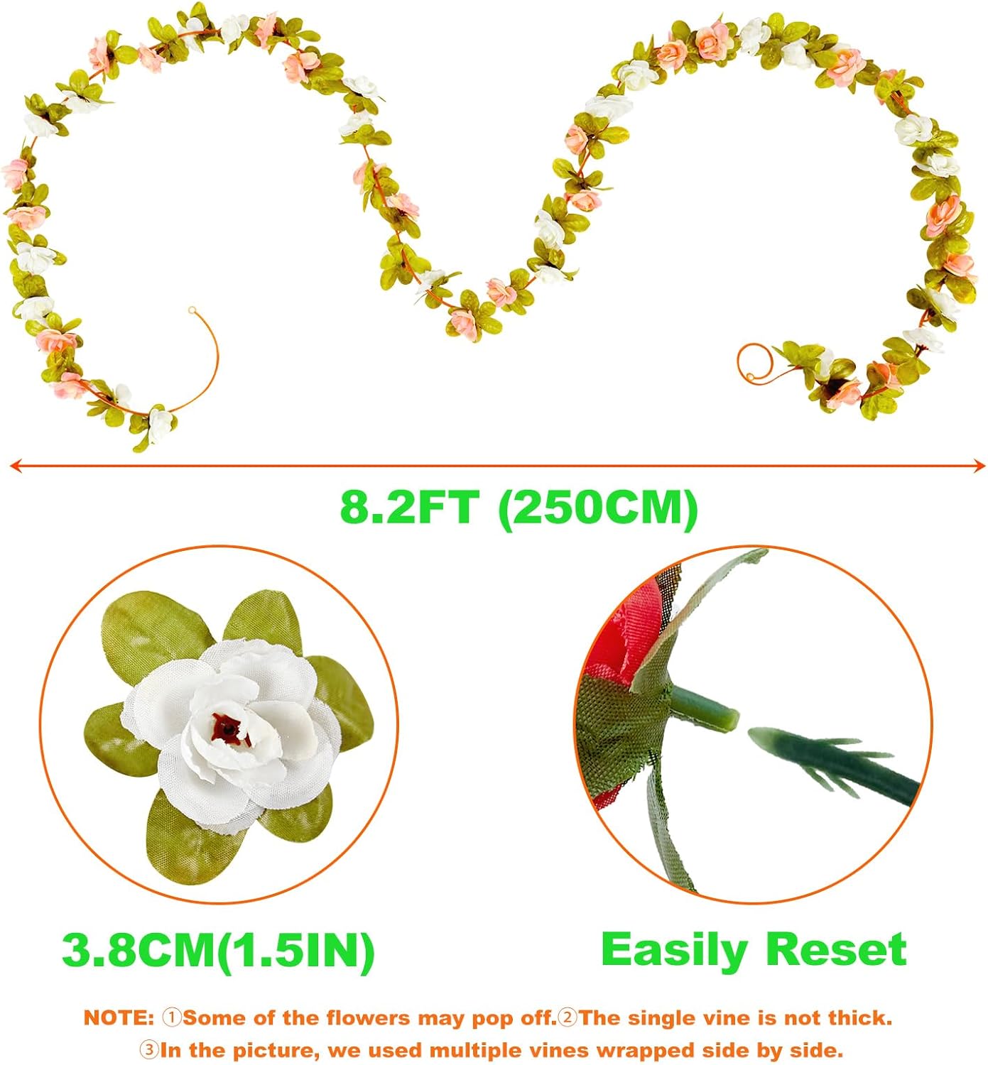 8 pcs 8.2 ft Artificial Rose Flower Garland