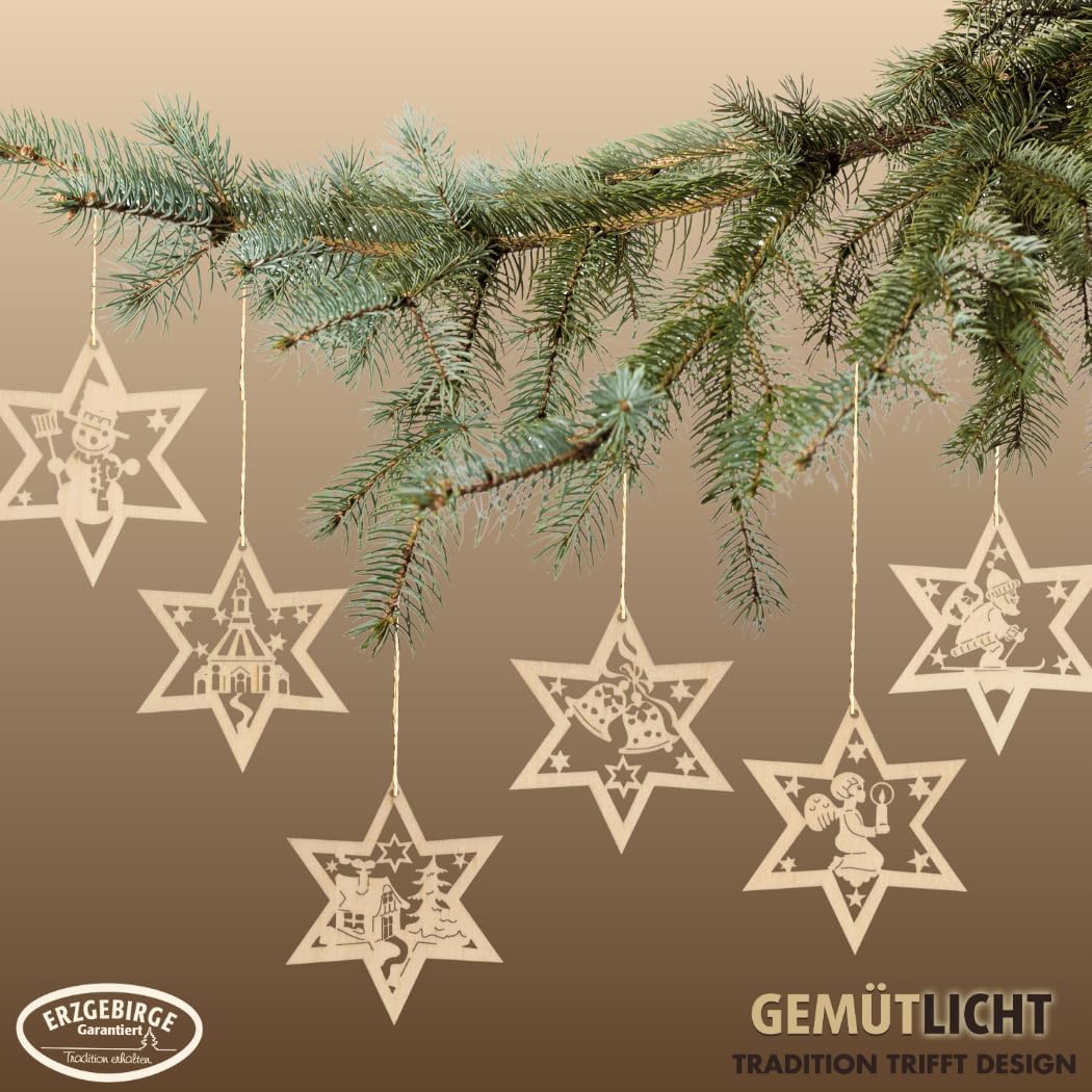6 pcs Wooden Star Christmas Tree Ornaments German