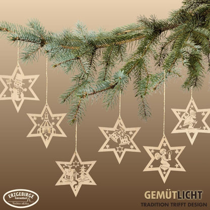 6 pcs Wooden Star Christmas Tree Ornaments German