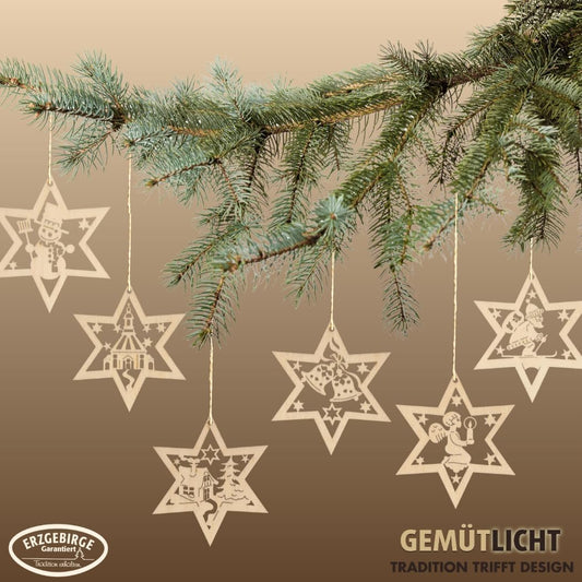 6 pcs Wooden Star Christmas Tree Ornaments German
