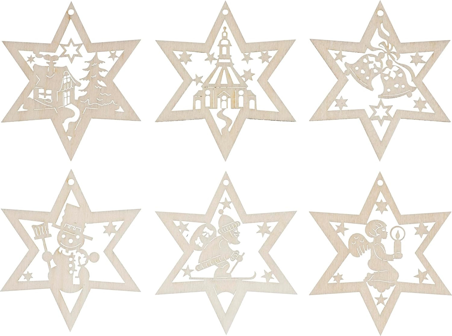 6 pcs Wooden Star Christmas Tree Ornaments German