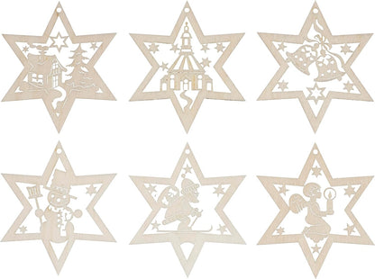 6 pcs Wooden Star Christmas Tree Ornaments German