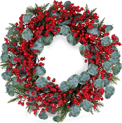22 inch Christmas Wreath Red Berries Eucalyptus Leaves