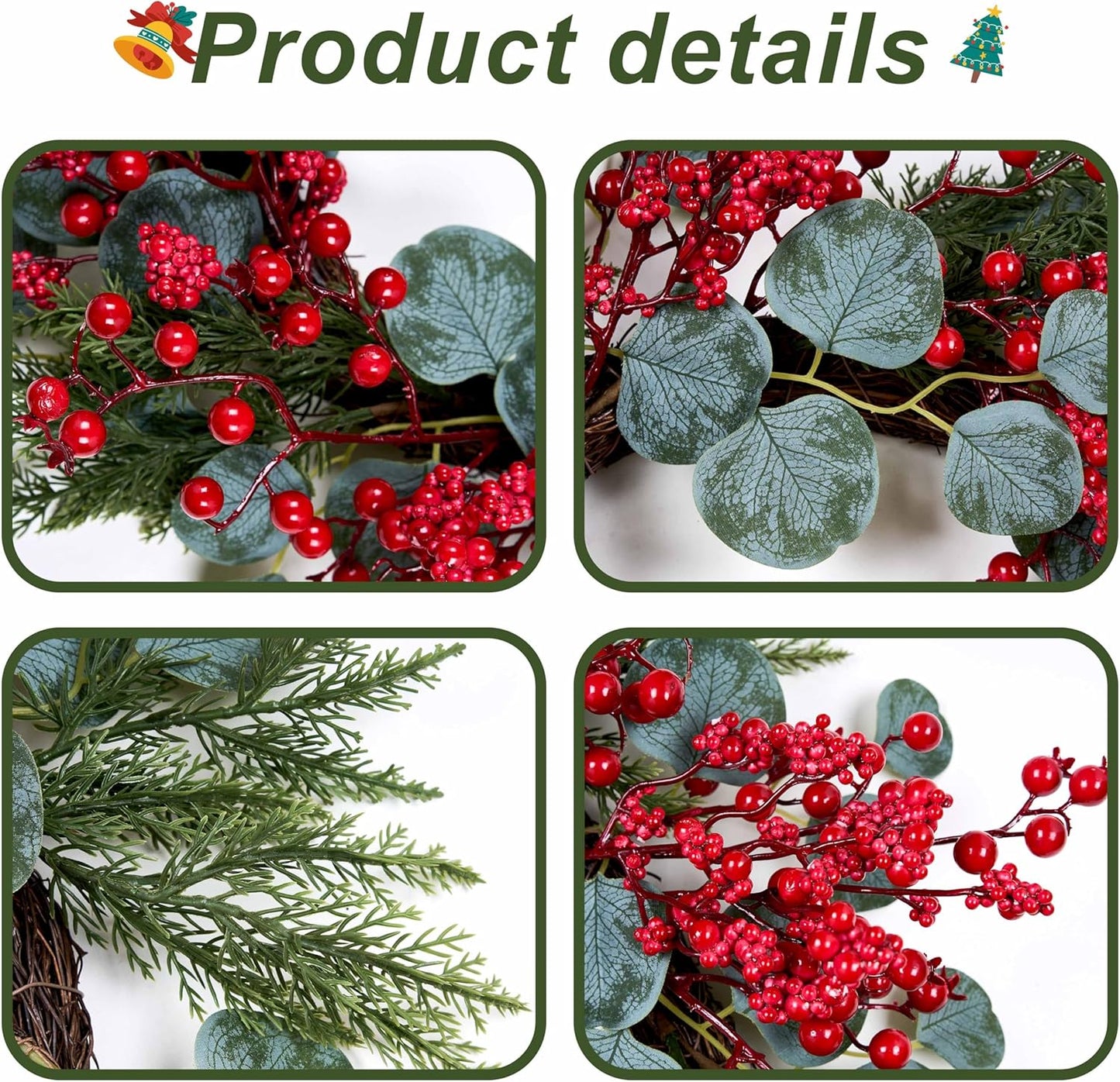 22 inch Christmas Wreath Red Berries Eucalyptus Leaves
