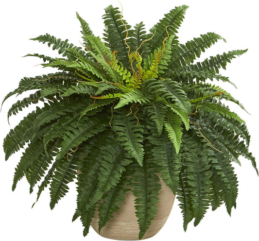 22 inch Artificial Boston Fern Plant Sandstone Planter