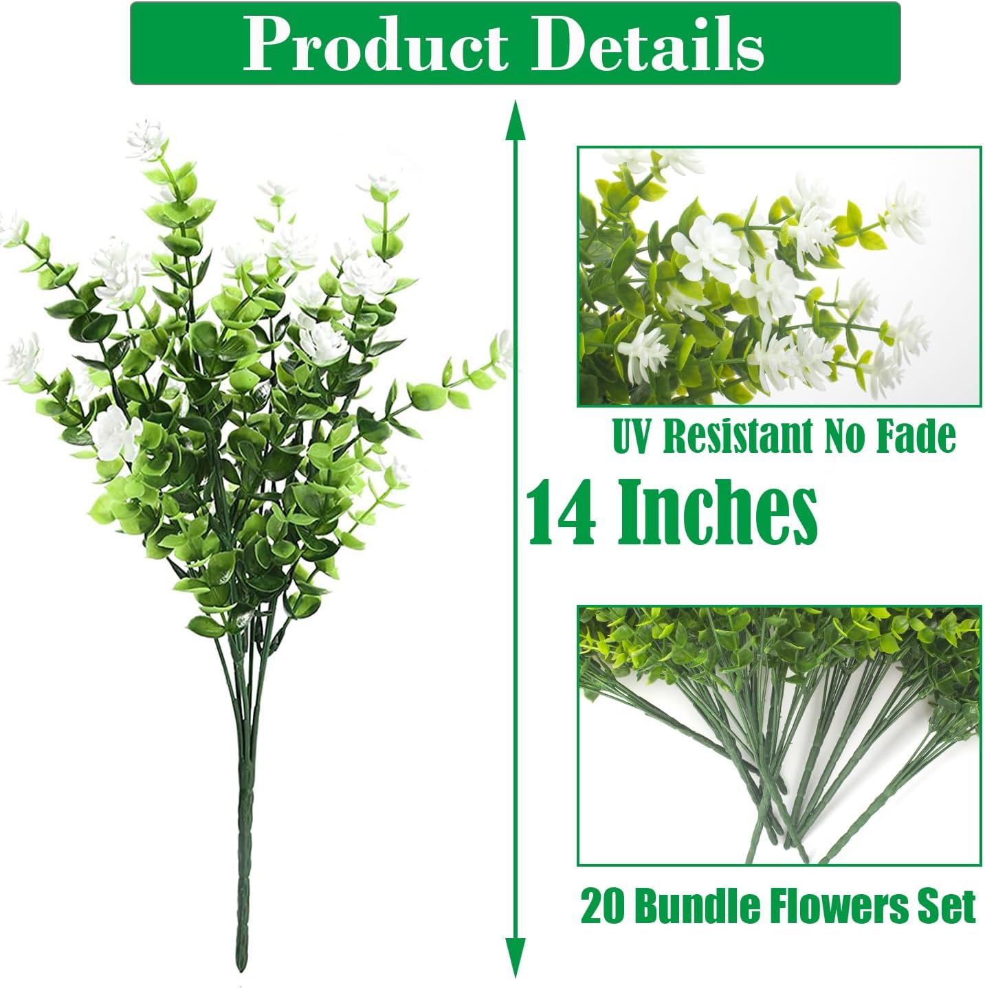 20 Bundles White Faux Plants UV Resistant Porch