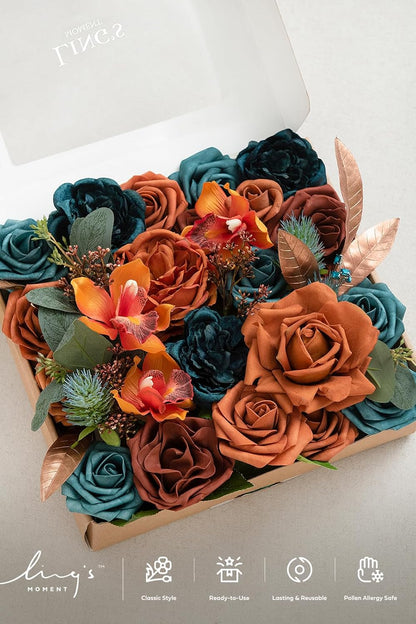 Teal Burnt Orange Silk Foam Wedding Centerpiece Box
