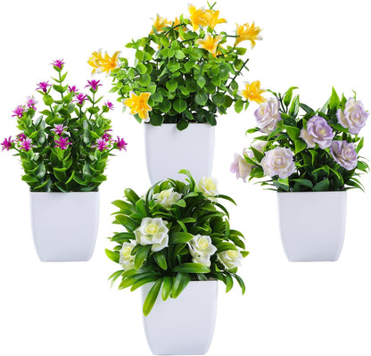 4 pack Small Artificial Plants Flowers Mini Home