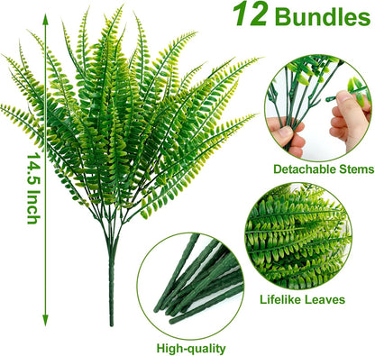 12 bundles Artificial Boston Ferns Resistant Greenery UV