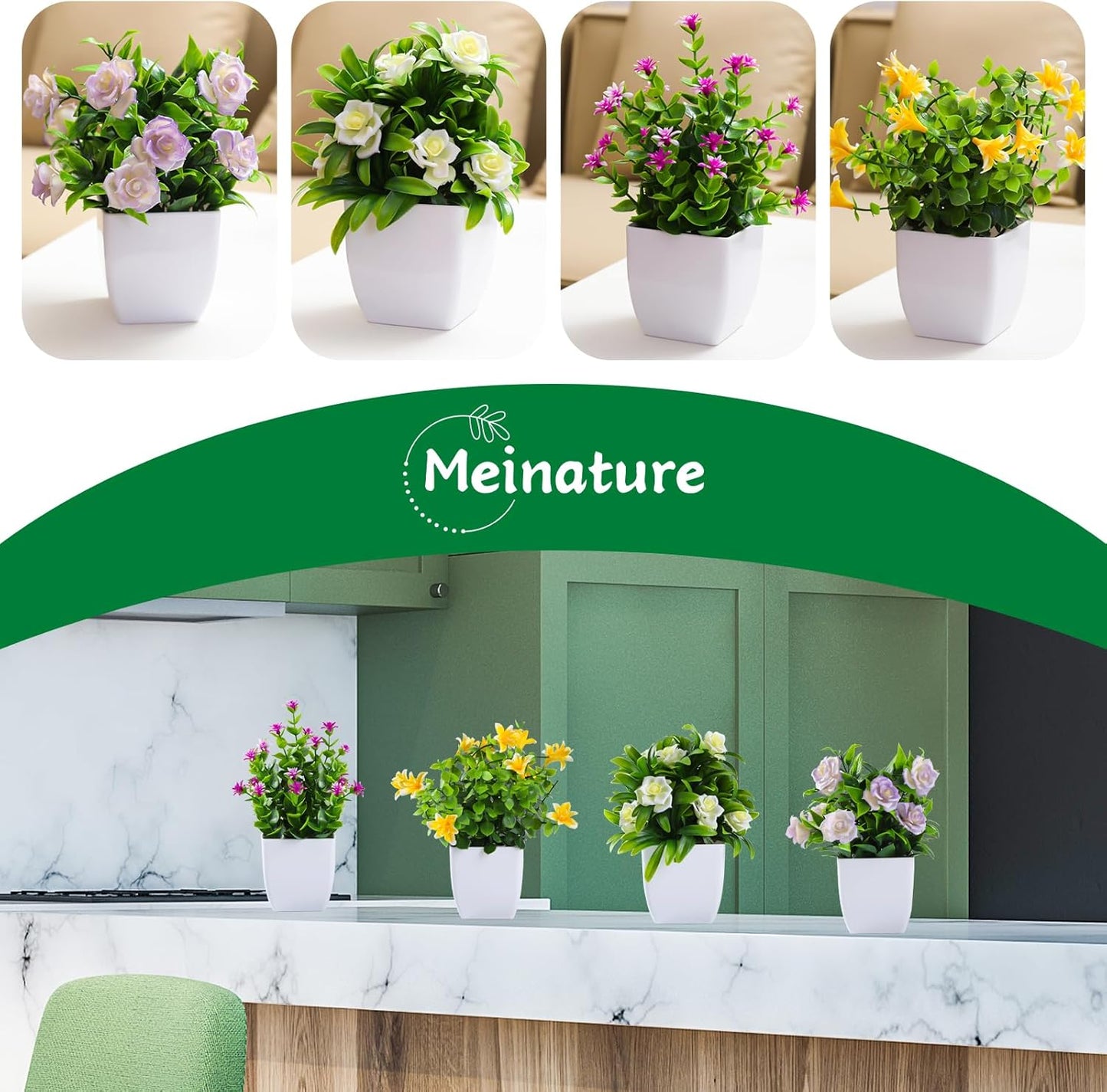 4 pack Small Artificial Plants Flowers Mini Home
