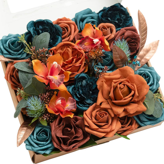 Teal Burnt Orange Silk Foam Wedding Centerpiece Box