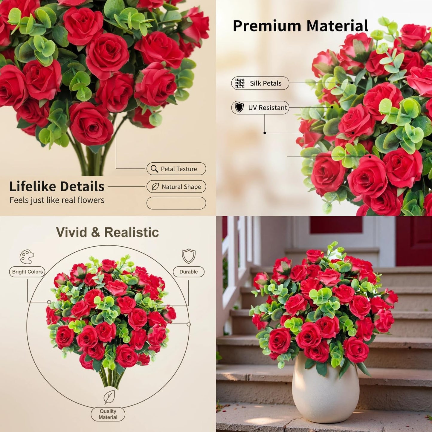 10 piece Artificial Roses Eucalyptus Leaves Silk Home