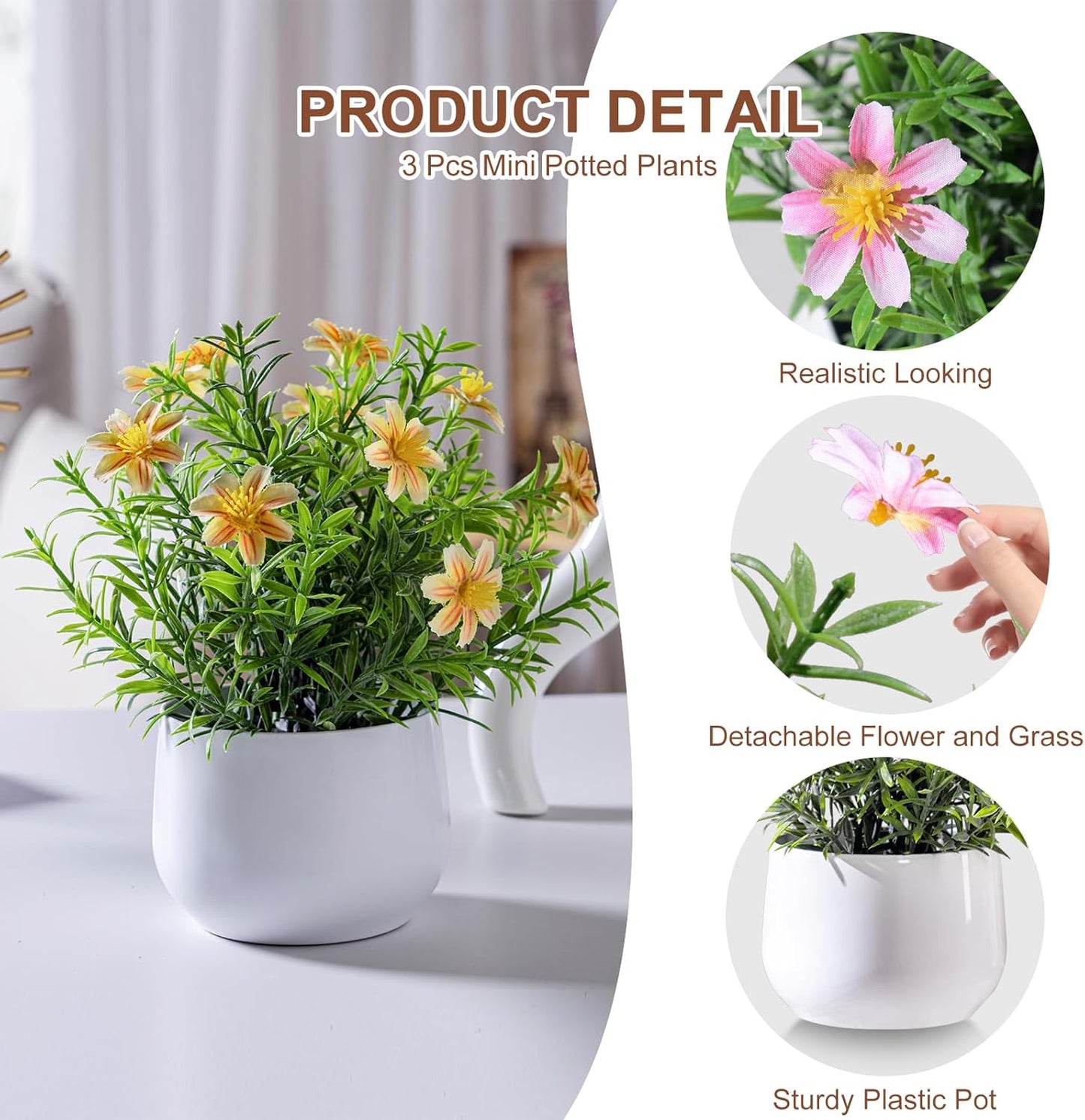 3 pack Small Artificial Potted Flowers Home Kitchen