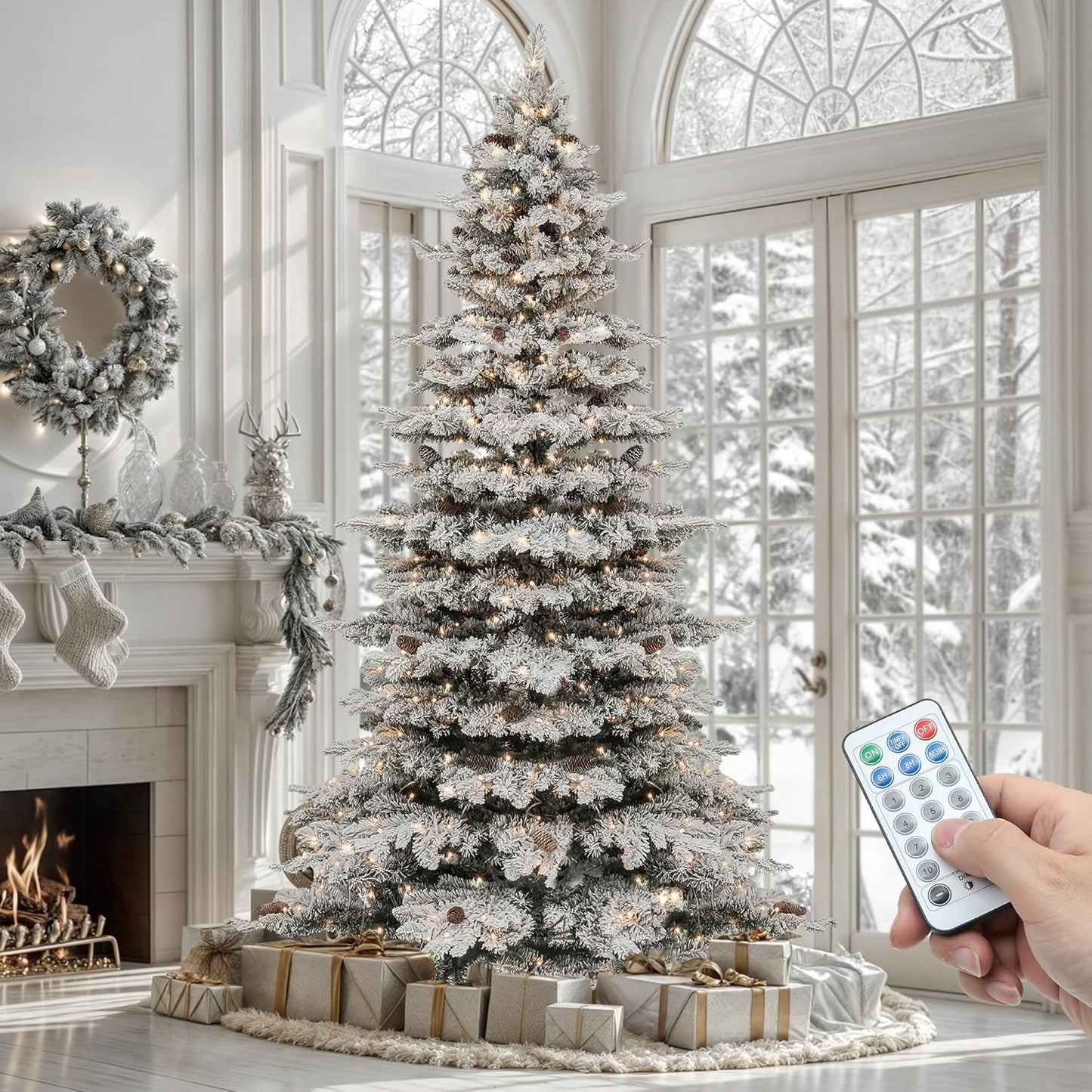 7.5 ft Prelit Flocked Christmas Tree Remote Trees