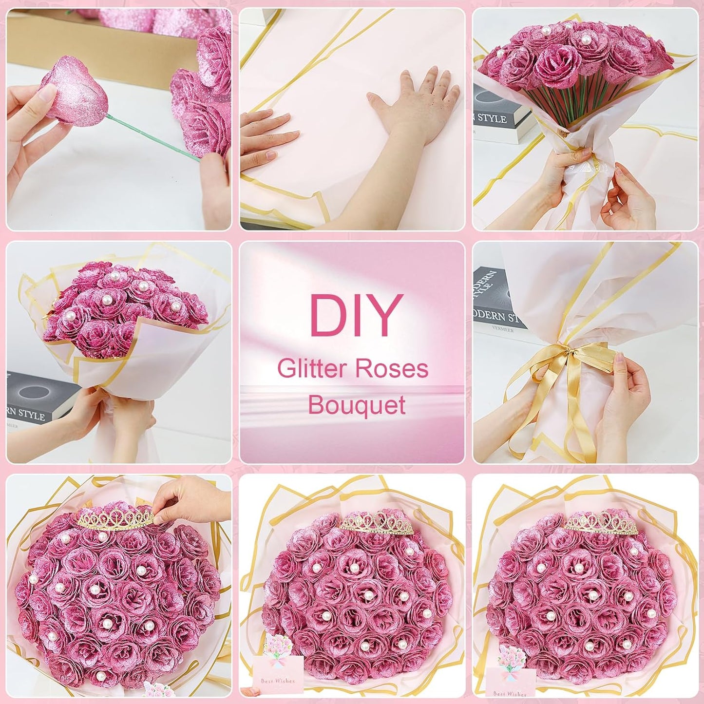 36 pack Diy Glitter Rose Bouquet Kit Artificial