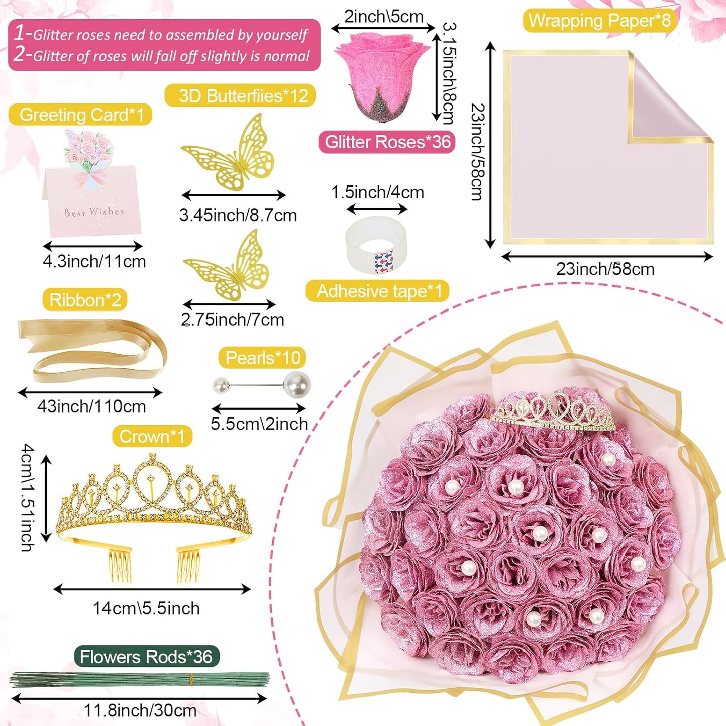 36 pack Diy Glitter Rose Bouquet Kit Artificial