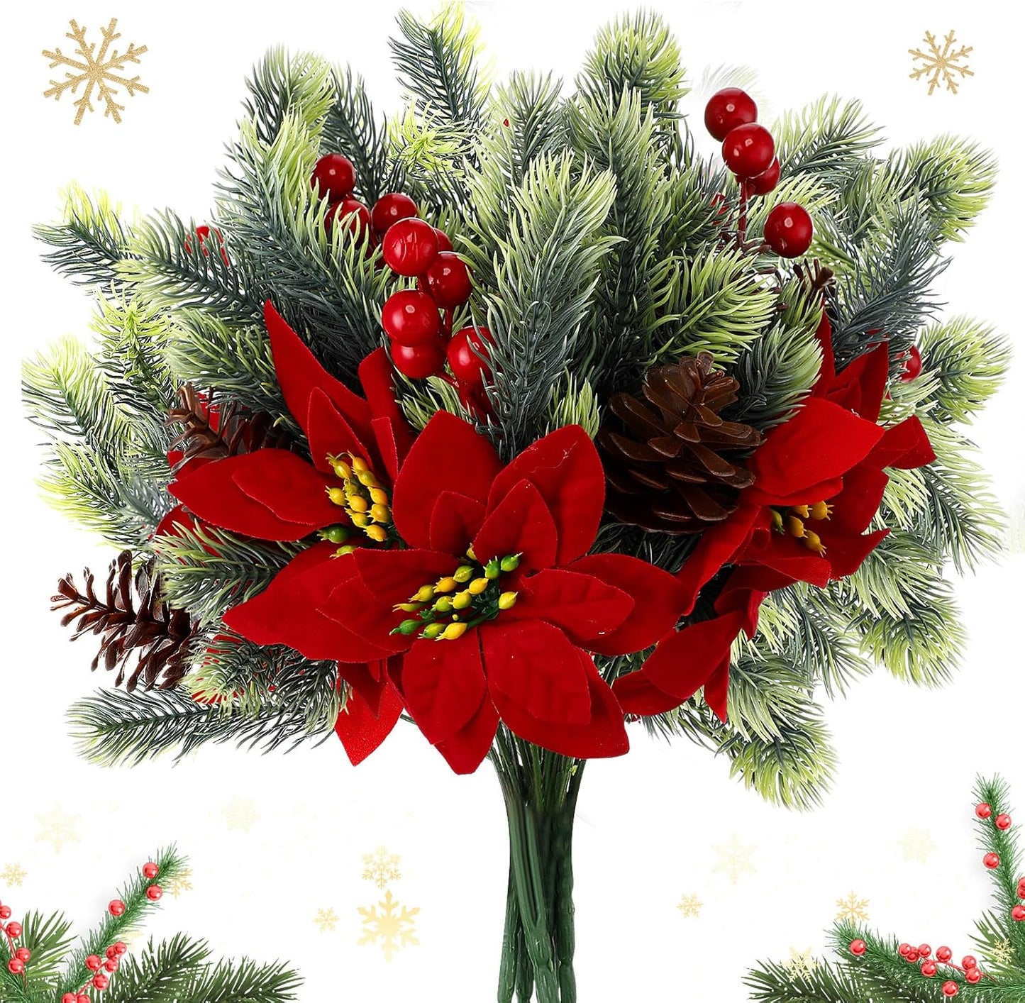 4 pcs 13.4 inch Artificial Poinsettia Bouquet Pine