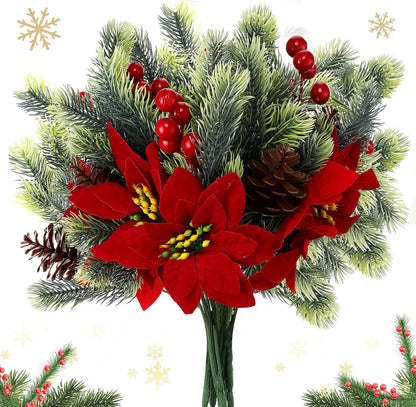4 pcs 13.4 inch Artificial Poinsettia Bouquet Pine