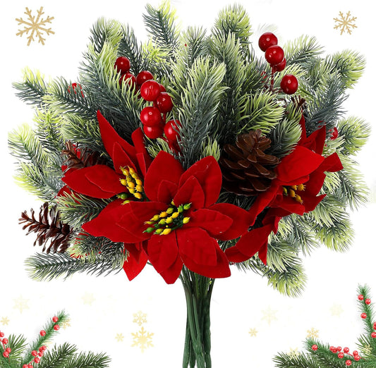 4 pcs 13.4 inch Artificial Poinsettia Bouquet Pine