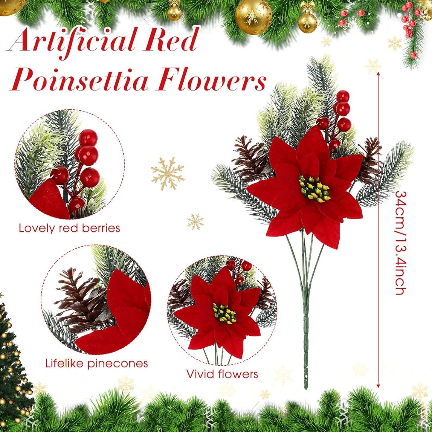 4 pcs 13.4 inch Artificial Poinsettia Bouquet Pine