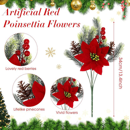 4 pcs 13.4 inch Artificial Poinsettia Bouquet Pine