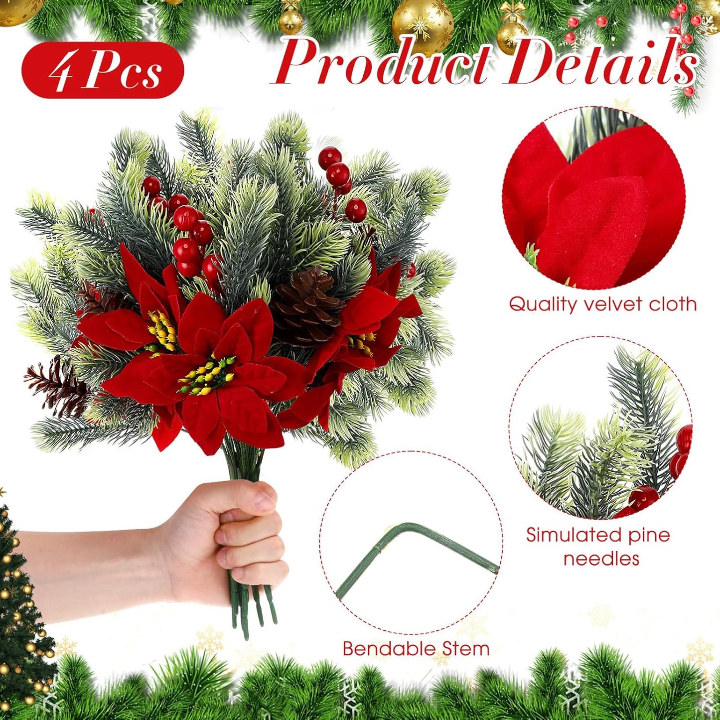 4 pcs 13.4 inch Artificial Poinsettia Bouquet Pine