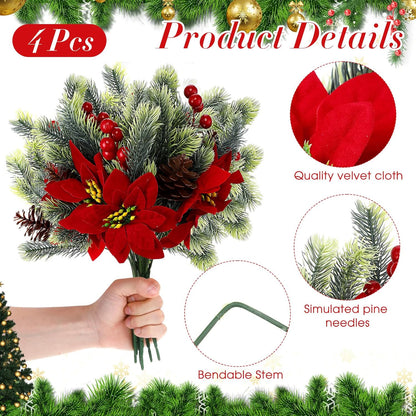4 pcs 13.4 inch Artificial Poinsettia Bouquet Pine