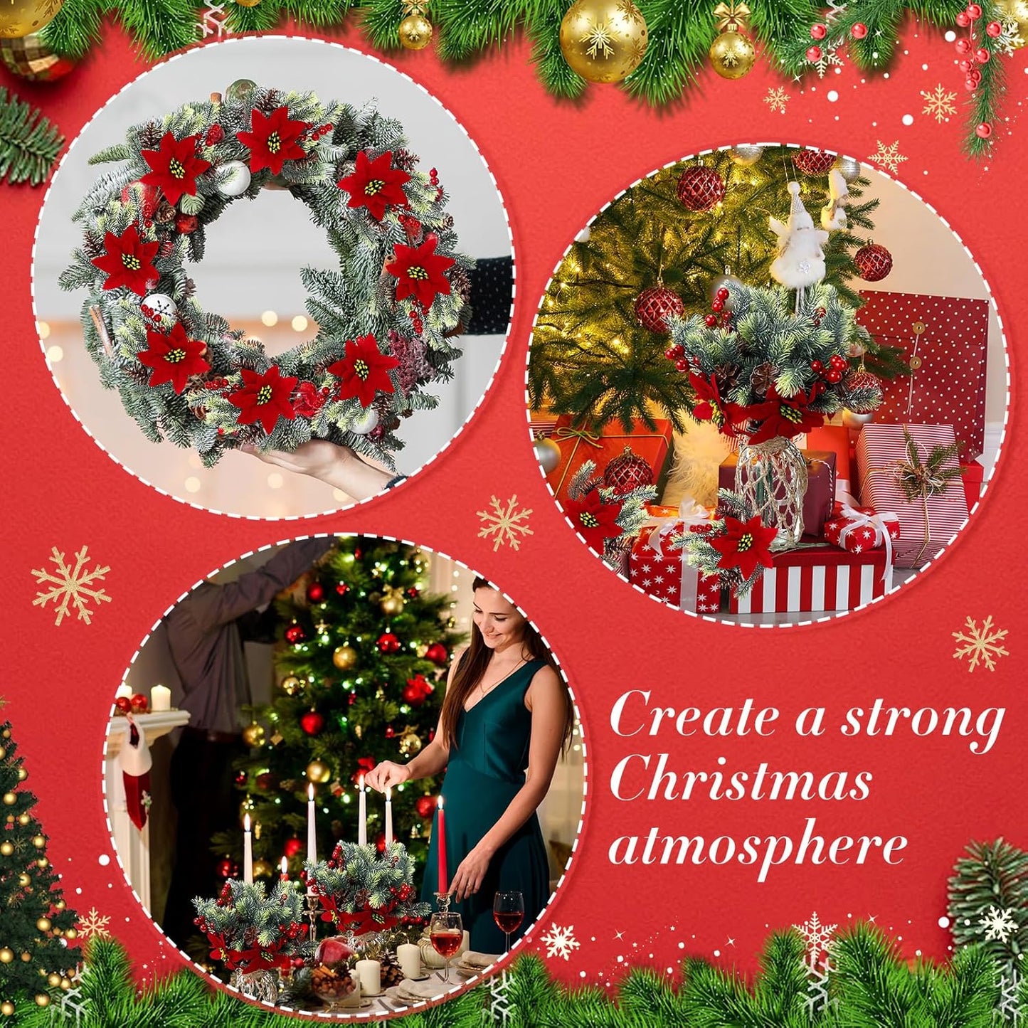 4 pcs 13.4 inch Artificial Poinsettia Bouquet Pine