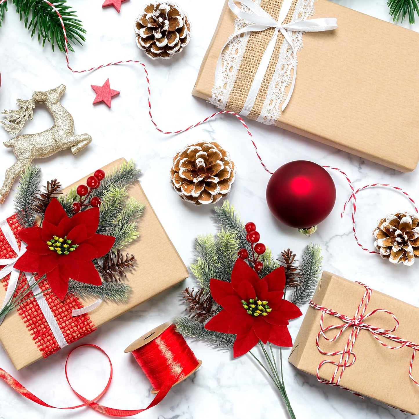 4 pcs 13.4 inch Artificial Poinsettia Bouquet Pine