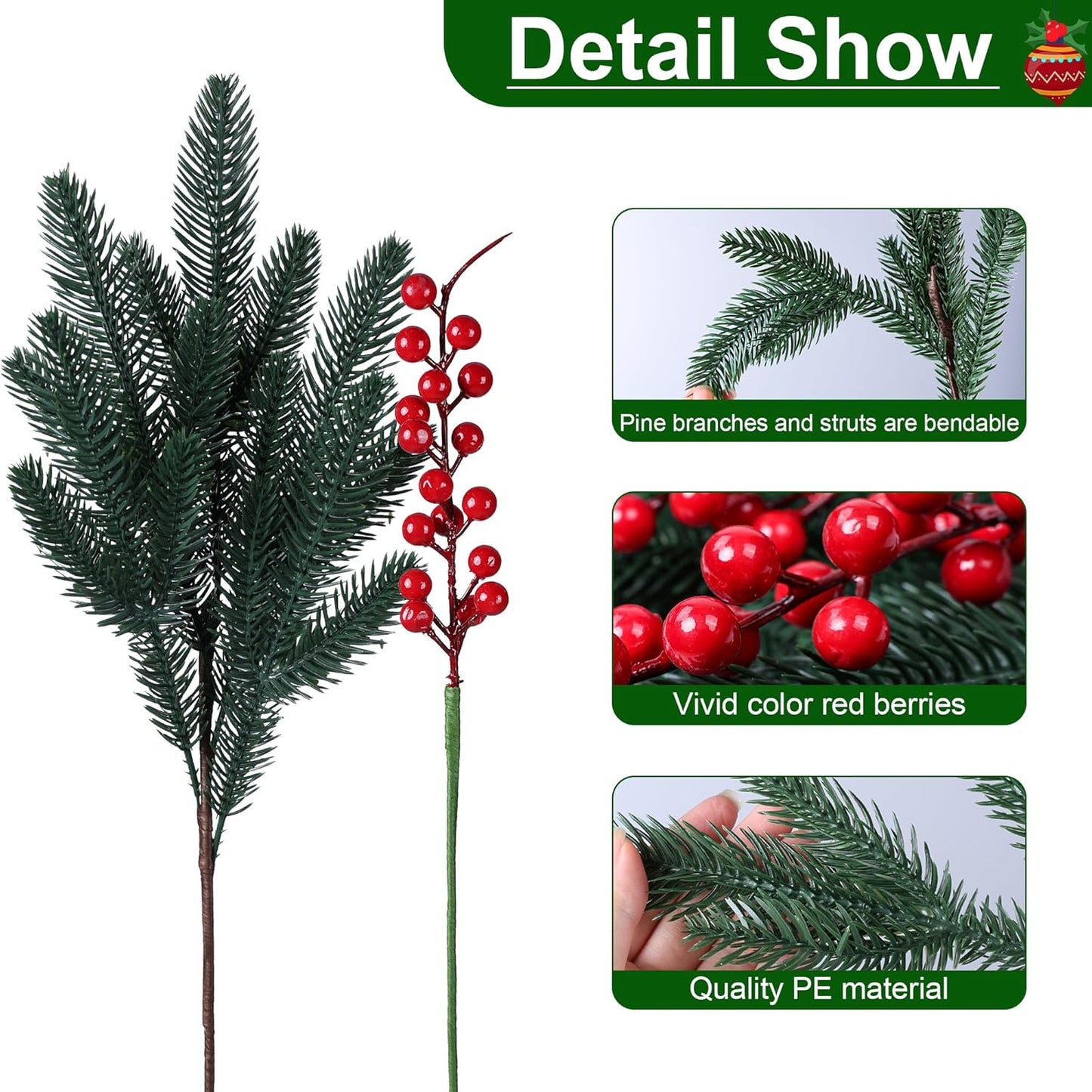 15 pcs Artificial Pine Branches Red Berries Christmas