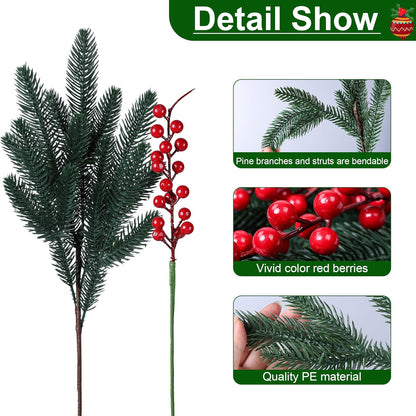 15 pcs Artificial Pine Branches Red Berries Christmas