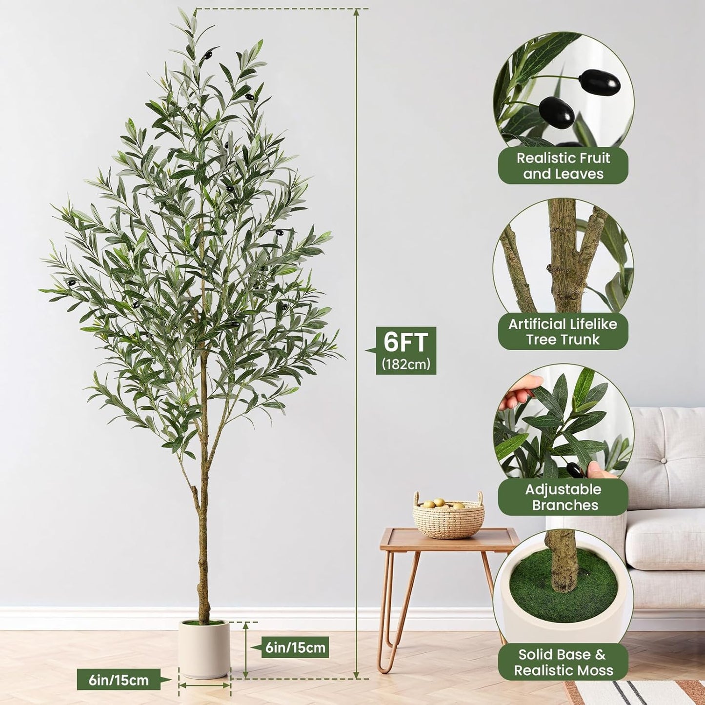 6 ft Artificial Olive Tree Trunk Silk Planter