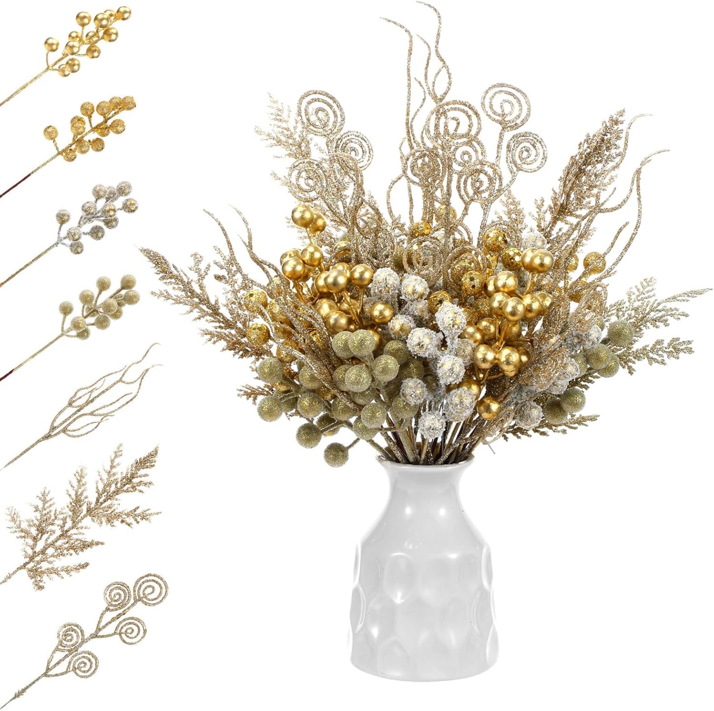 80 pcs Gold Christmas Berry Picks Pine Branches