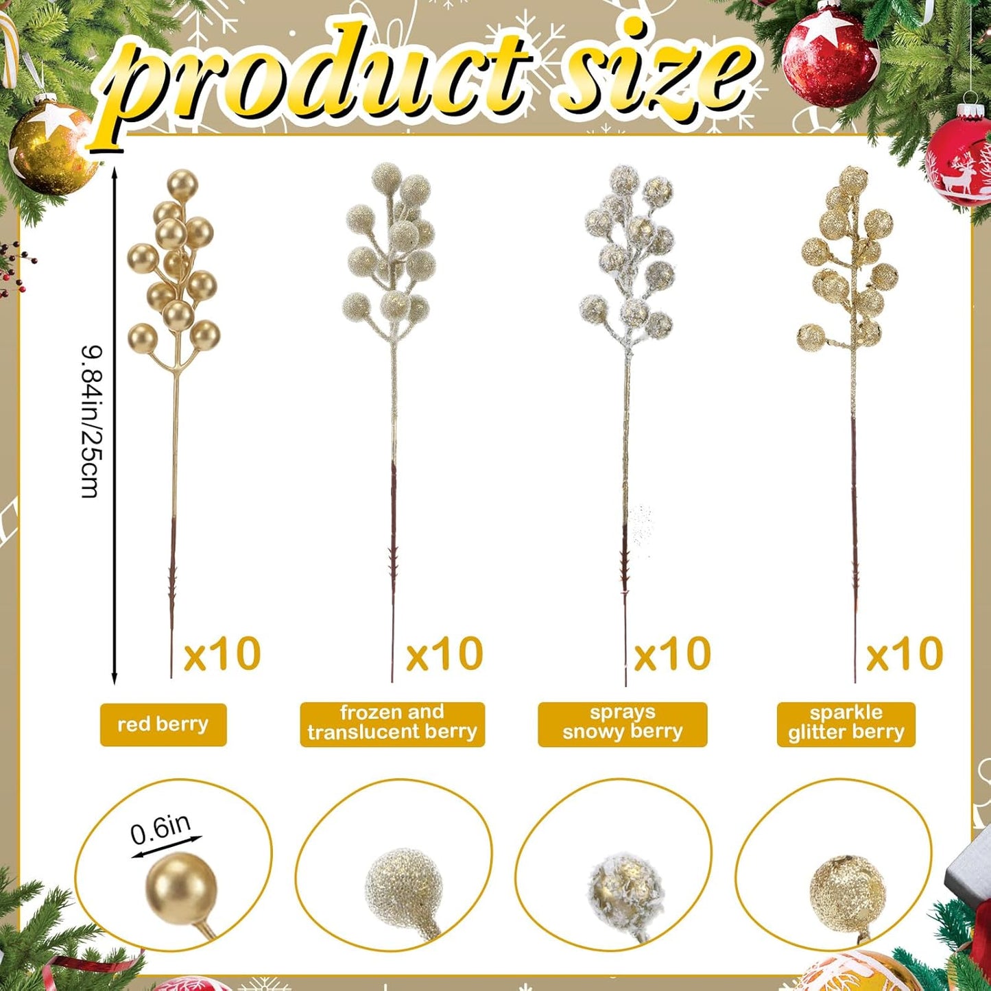 80 pcs Gold Christmas Berry Picks Pine Branches