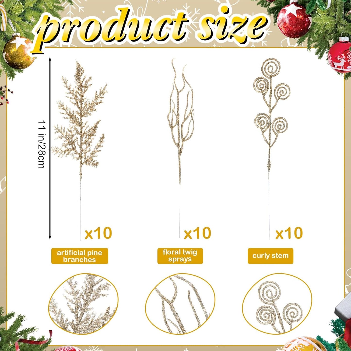 80 pcs Gold Christmas Berry Picks Pine Branches