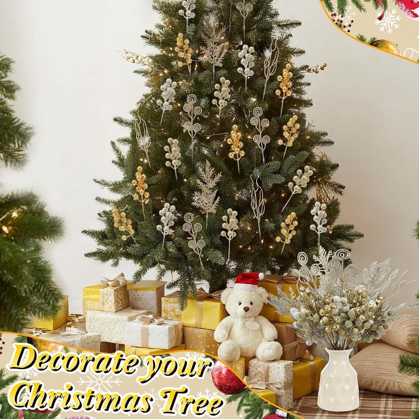 80 pcs Gold Christmas Berry Picks Pine Branches