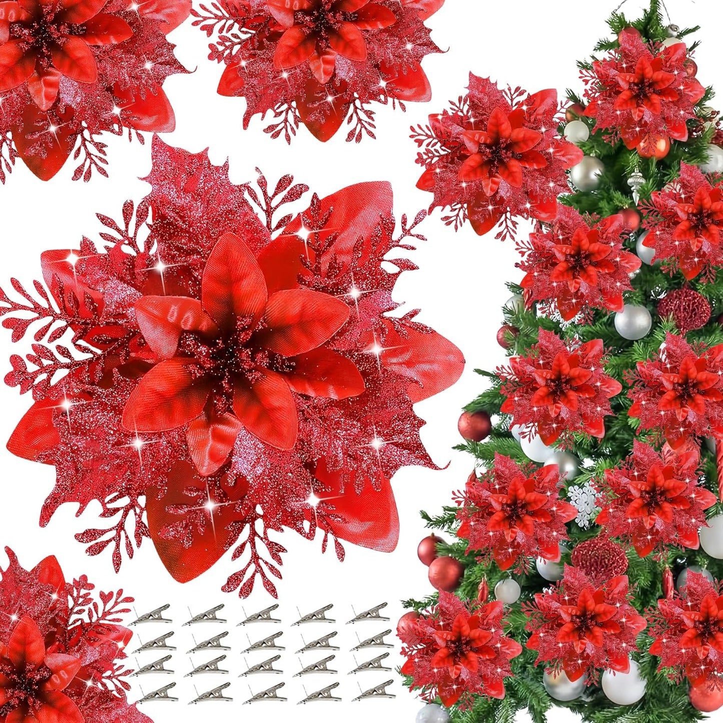 20 pcs 5.5 inch Red Glitter Poinsettia Flowers