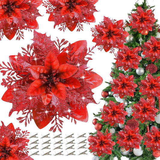 20 pcs 5.5 inch Red Glitter Poinsettia Flowers