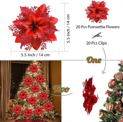 20 pcs 5.5 inch Red Glitter Poinsettia Flowers