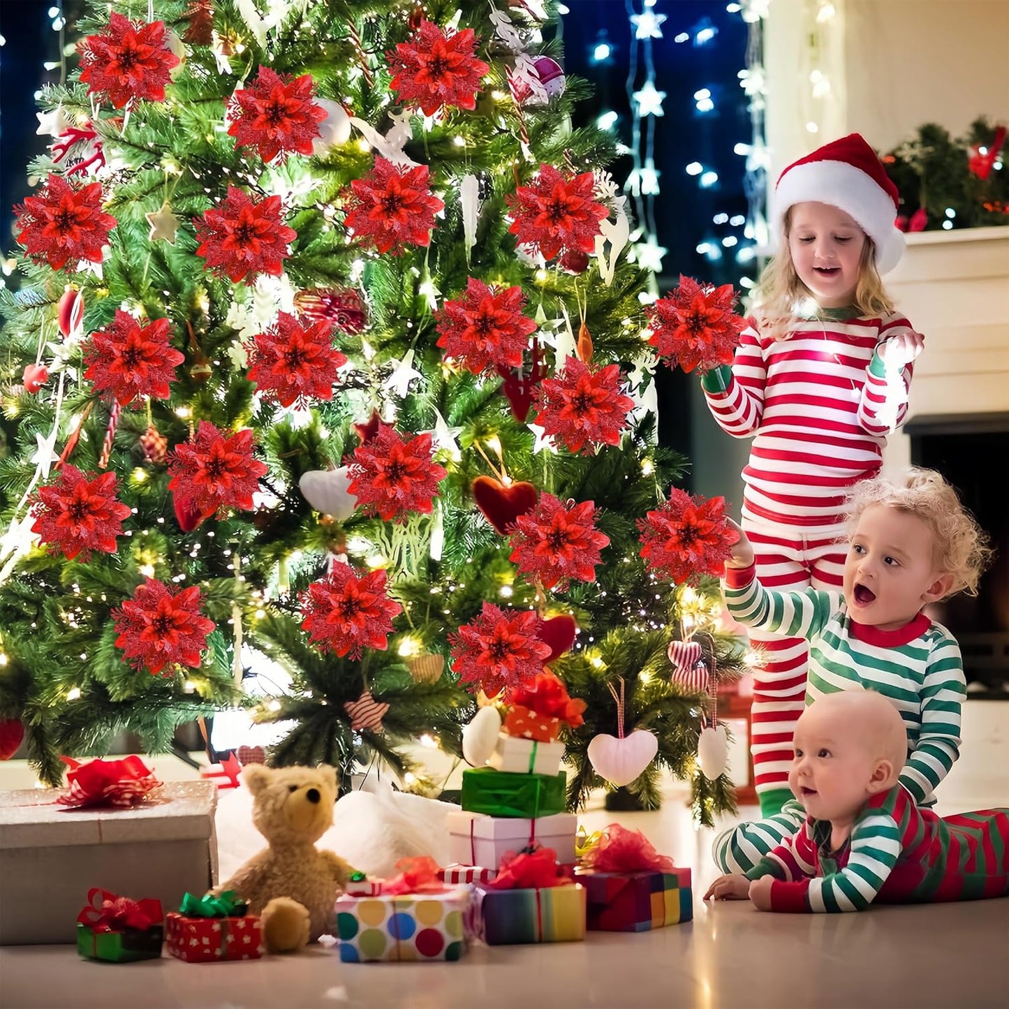 20 pcs 5.5 inch Red Glitter Poinsettia Flowers