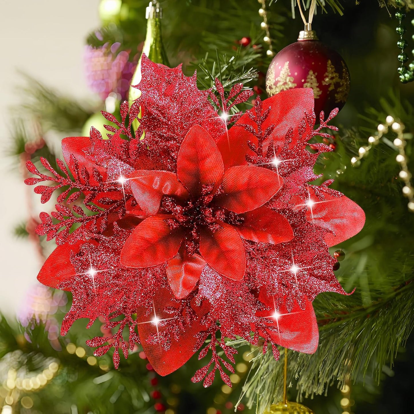 20 pcs 5.5 inch Red Glitter Poinsettia Flowers