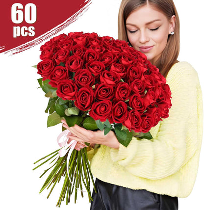 60 pcs Velvet Silk Artificial Roses Bulk Dried