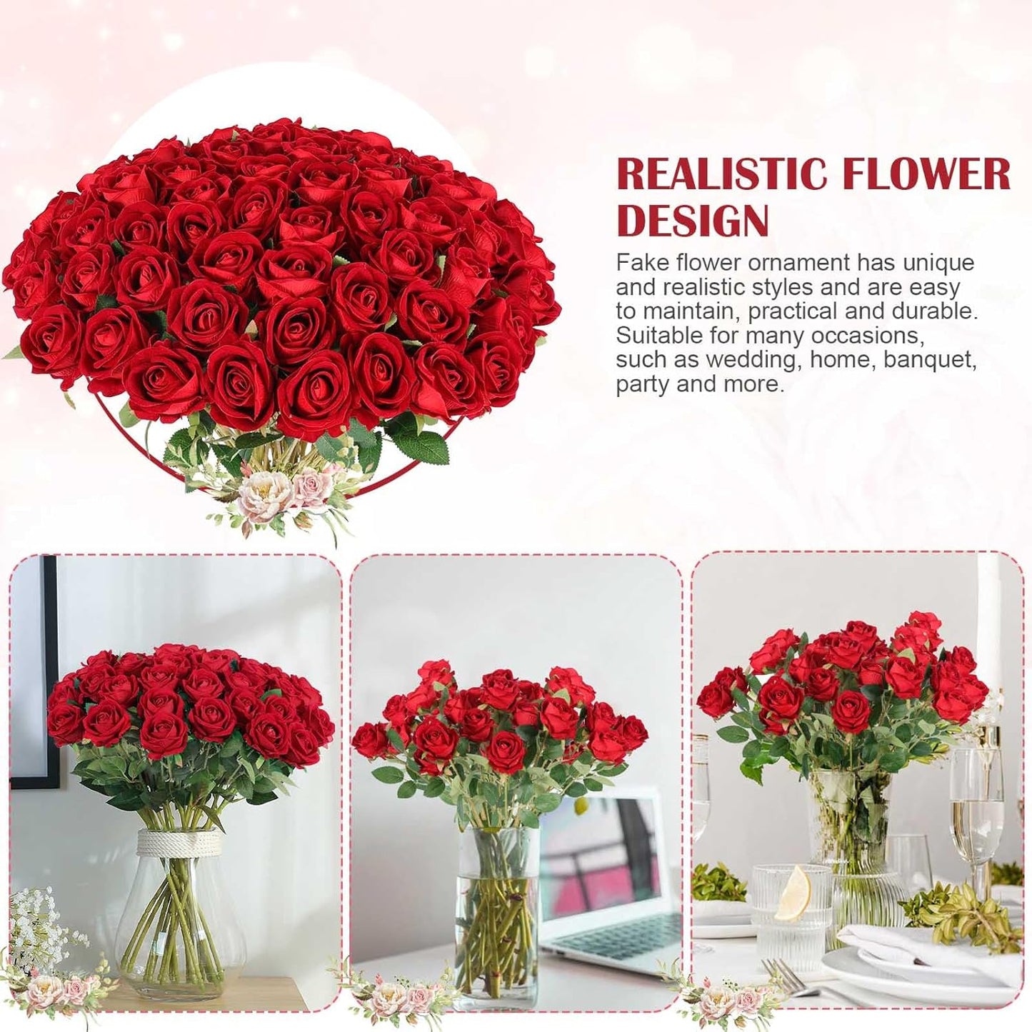 60 pcs Velvet Silk Artificial Roses Bulk Dried