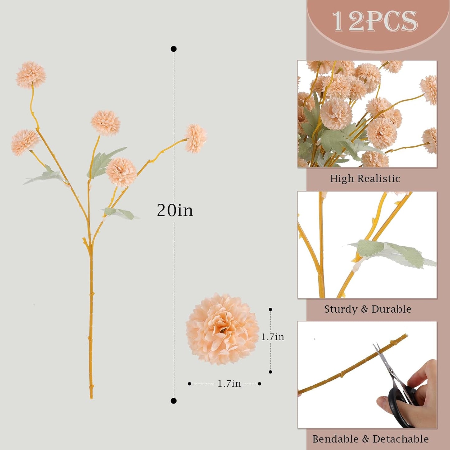 12 pcs Artificial Chrysanthemum Flowers Beige Pom Indoor