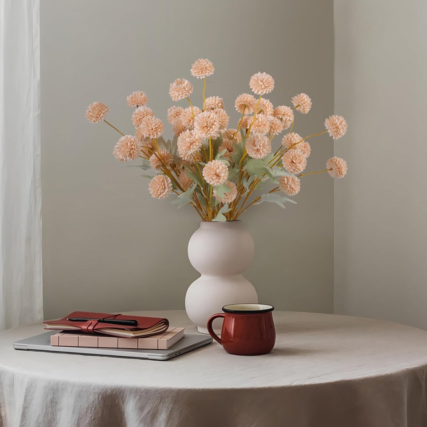 12 pcs Artificial Chrysanthemum Flowers Beige Pom Indoor